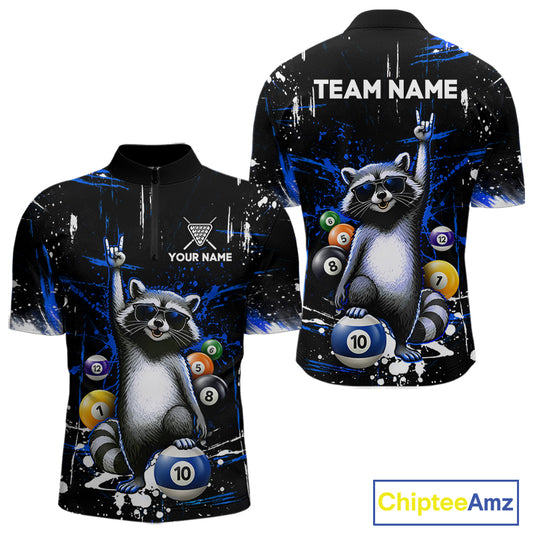 Custom Blue Funny Raccoon Billiard Shirt for Men 10 Ball Pool Billiard Jersey Polo & 1/4-Zip BHT152