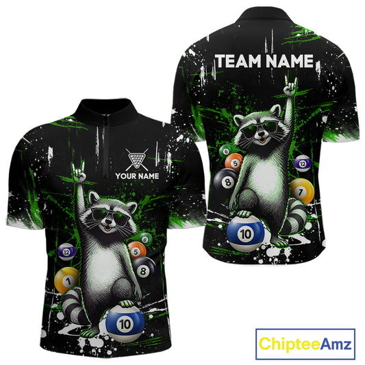 Custom Green Funny Raccoon Billiard Shirt for Men 10 Ball Pool Billiard Jersey Polo & 1/4-Zip BHT152