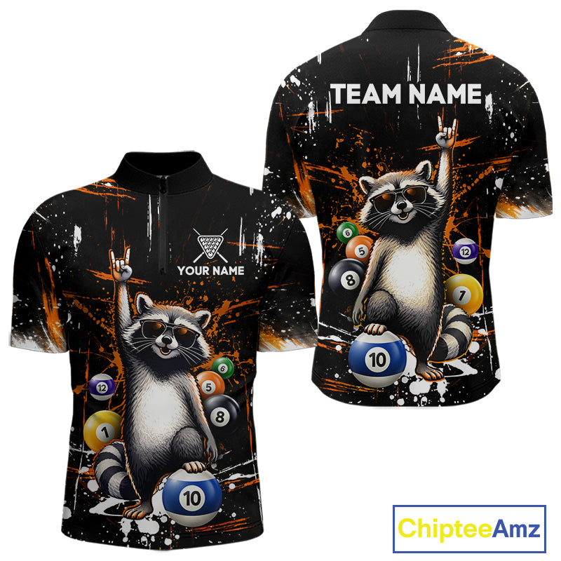 Custom Orange Funny Raccoon Billiard Shirt for Men 10 Ball Pool Billiard Jersey Polo & 1/4-Zip BHT152