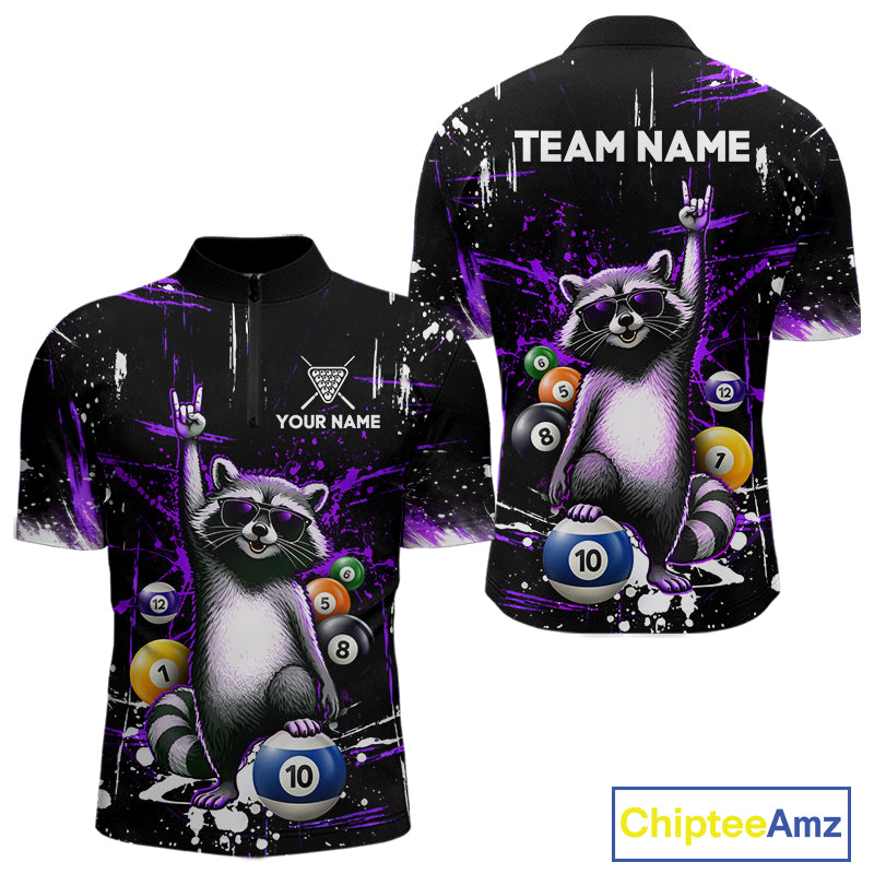Custom Purple Funny Raccoon Billiard Shirt for Men 10 Ball Pool Billiard Jersey Polo & 1/4-Zip BHT152