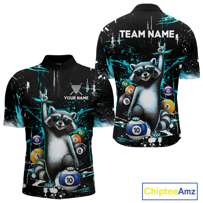 Custom Turquoise Funny Raccoon Billiard Shirt for Men 10 Ball Pool Billiard Jersey Polo & 1/4-Zip BHT152