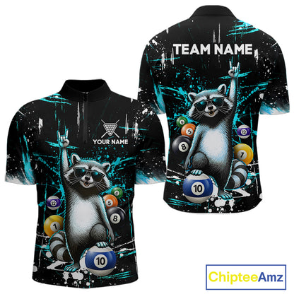 Custom Turquoise Funny Raccoon Billiard Shirt for Men 10 Ball Pool Billiard Jersey Polo & 1/4-Zip BHT152