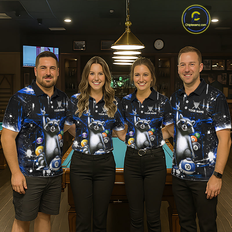Custom Blue Funny Raccoon Billiard Shirt for Men 10 Ball Pool Billiard Jersey Polo & 1/4-Zip BHT152
