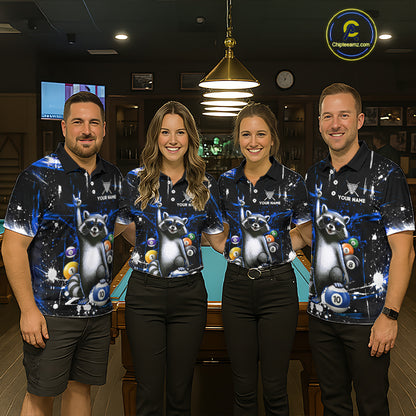 Custom Blue Funny Raccoon Billiard Shirt for Men 10 Ball Pool Billiard Jersey Polo & 1/4-Zip BHT152
