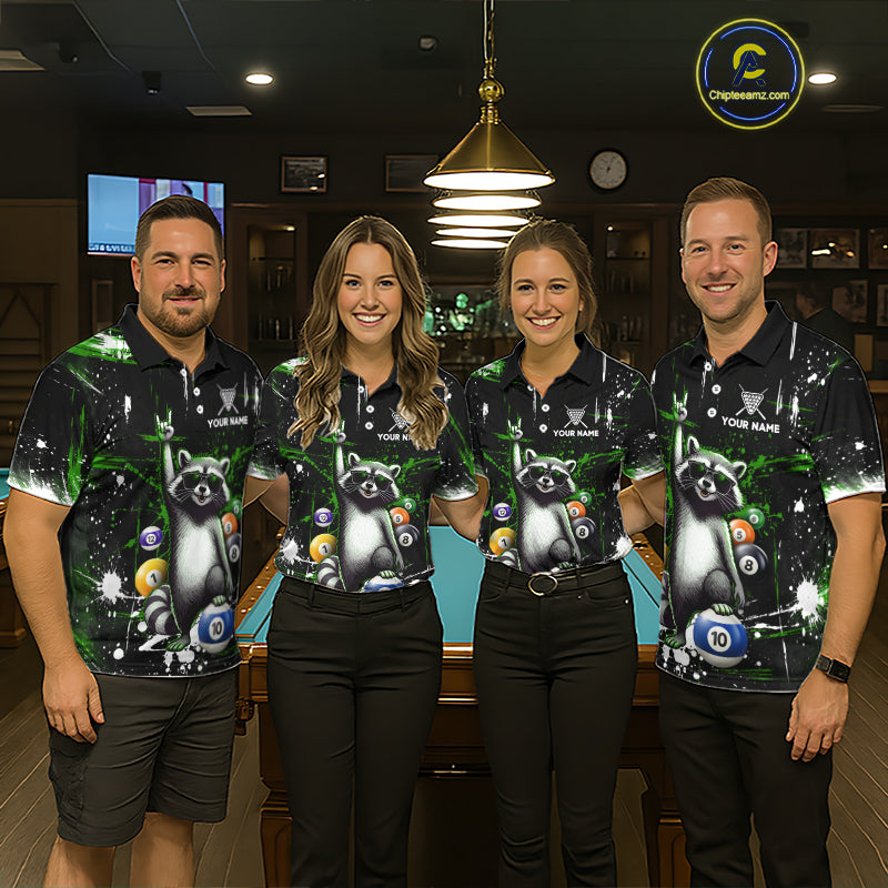Custom Green Funny Raccoon Billiard Shirt for Men 10 Ball Pool Billiard Jersey Polo & 1/4-Zip BHT152