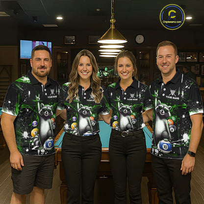 Custom Green Funny Raccoon Billiard Shirt for Men 10 Ball Pool Billiard Jersey Polo & 1/4-Zip BHT152