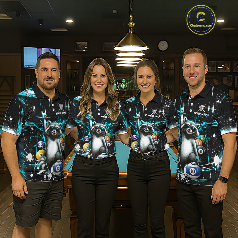 Custom Turquoise Funny Raccoon Billiard Shirt for Men 10 Ball Pool Billiard Jersey Polo & 1/4-Zip BHT152