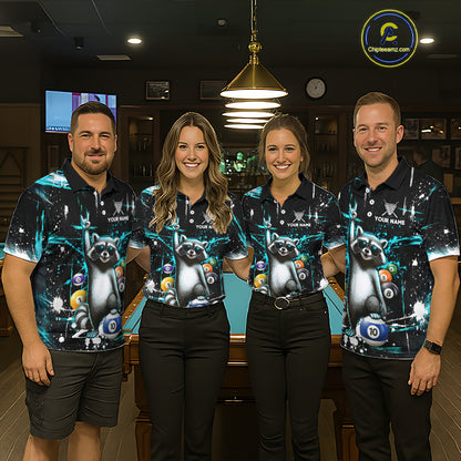 Custom Turquoise Funny Raccoon Billiard Shirt for Men 10 Ball Pool Billiard Jersey Polo & 1/4-Zip BHT152