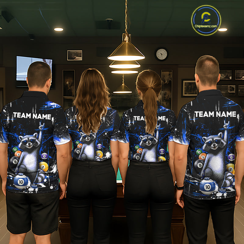 Custom Blue Funny Raccoon Billiard Shirt for Men 10 Ball Pool Billiard Jersey Polo & 1/4-Zip BHT152