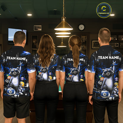 Custom Blue Funny Raccoon Billiard Shirt for Men 10 Ball Pool Billiard Jersey Polo & 1/4-Zip BHT152