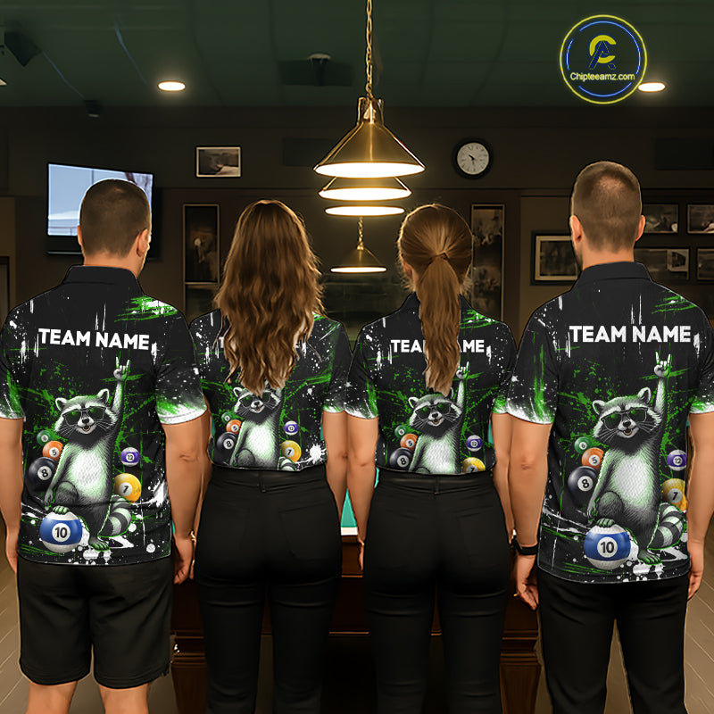 Custom Green Funny Raccoon Billiard Shirt for Men 10 Ball Pool Billiard Jersey Polo & 1/4-Zip BHT152