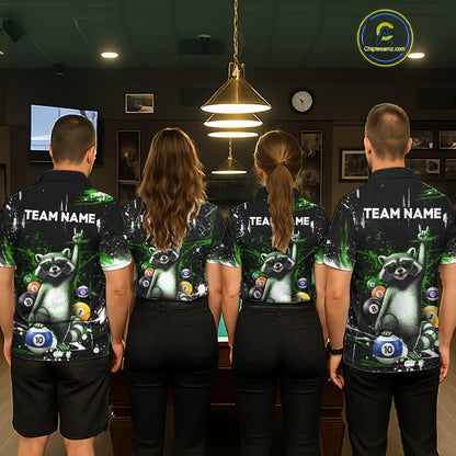Custom Green Funny Raccoon Billiard Shirt for Men 10 Ball Pool Billiard Jersey Polo & 1/4-Zip BHT152