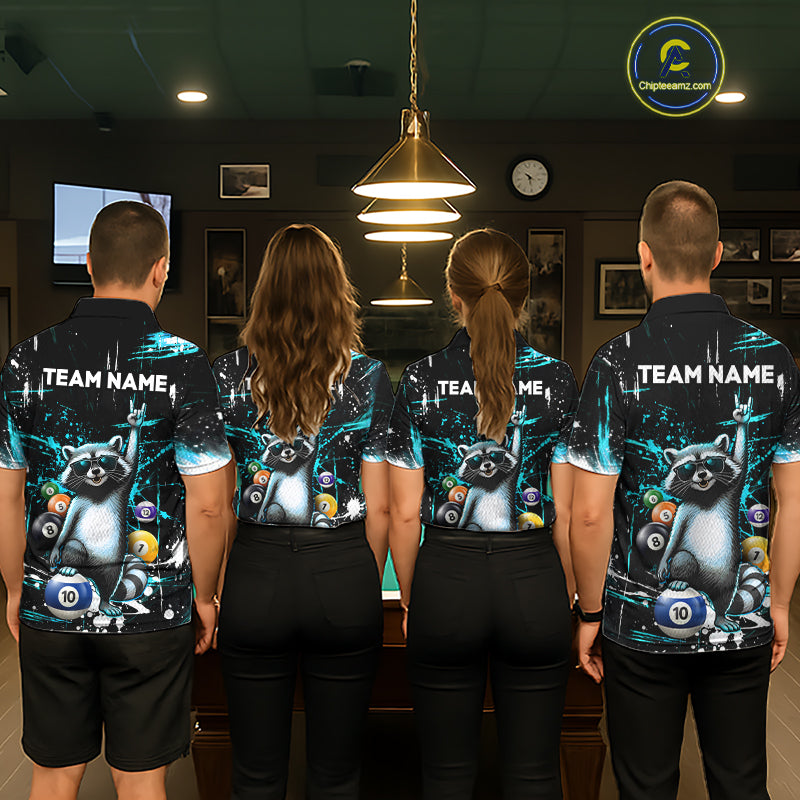 Custom Turquoise Funny Raccoon Billiard Shirt for Men 10 Ball Pool Billiard Jersey Polo & 1/4-Zip BHT152