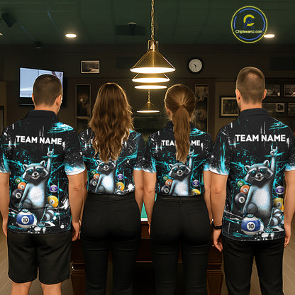 Custom Turquoise Funny Raccoon Billiard Shirt for Men 10 Ball Pool Billiard Jersey Polo & 1/4-Zip BHT152