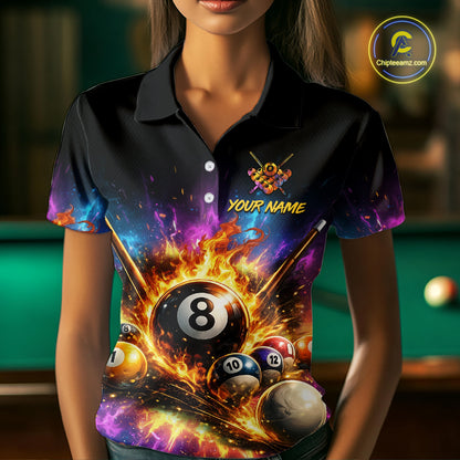 Custom 8 Ball & 10 Ball Billiard Team Shirt for Women Pool Billiard League Jersey Polo & 1/4-Zip BHT154
