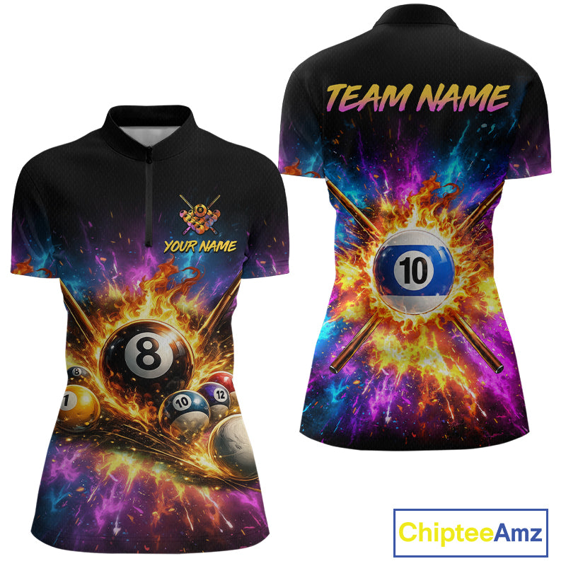 Custom 8 Ball & 10 Ball Billiard Team Shirt for Women Pool Billiard League Jersey Polo & 1/4-Zip BHT154