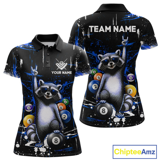 Custom Blue Funny Raccoon Billiard Shirt for Women 8 Ball Pool Billiard Jersey Polo & 1/4-Zip BHT5