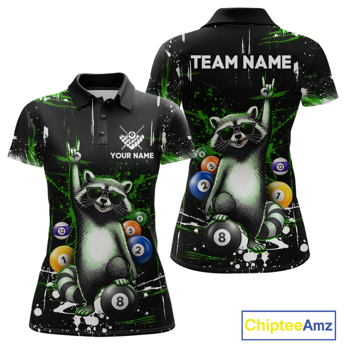 Custom Green Funny Raccoon Billiard Shirt for Women 8 Ball Pool Billiard Jersey Polo & 1/4-Zip BHT5