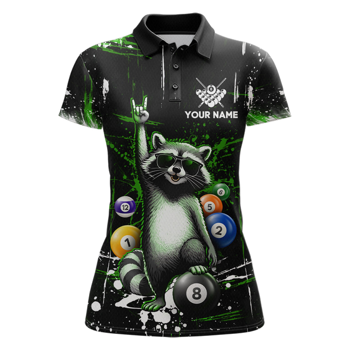 Custom Green Funny Raccoon Billiard Shirt for Women 8 Ball Pool Billiard Jersey Polo & 1/4-Zip BHT5