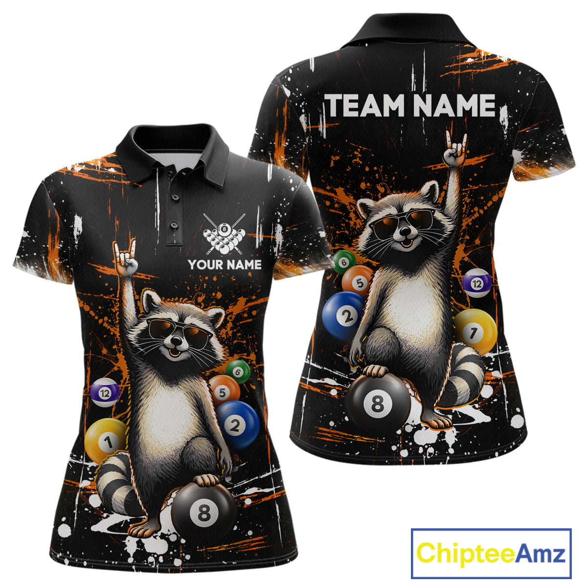Custom Orange Funny Raccoon Billiard Shirt for Women 8 Ball Pool Billiard Jersey Polo & 1/4-Zip BHT5