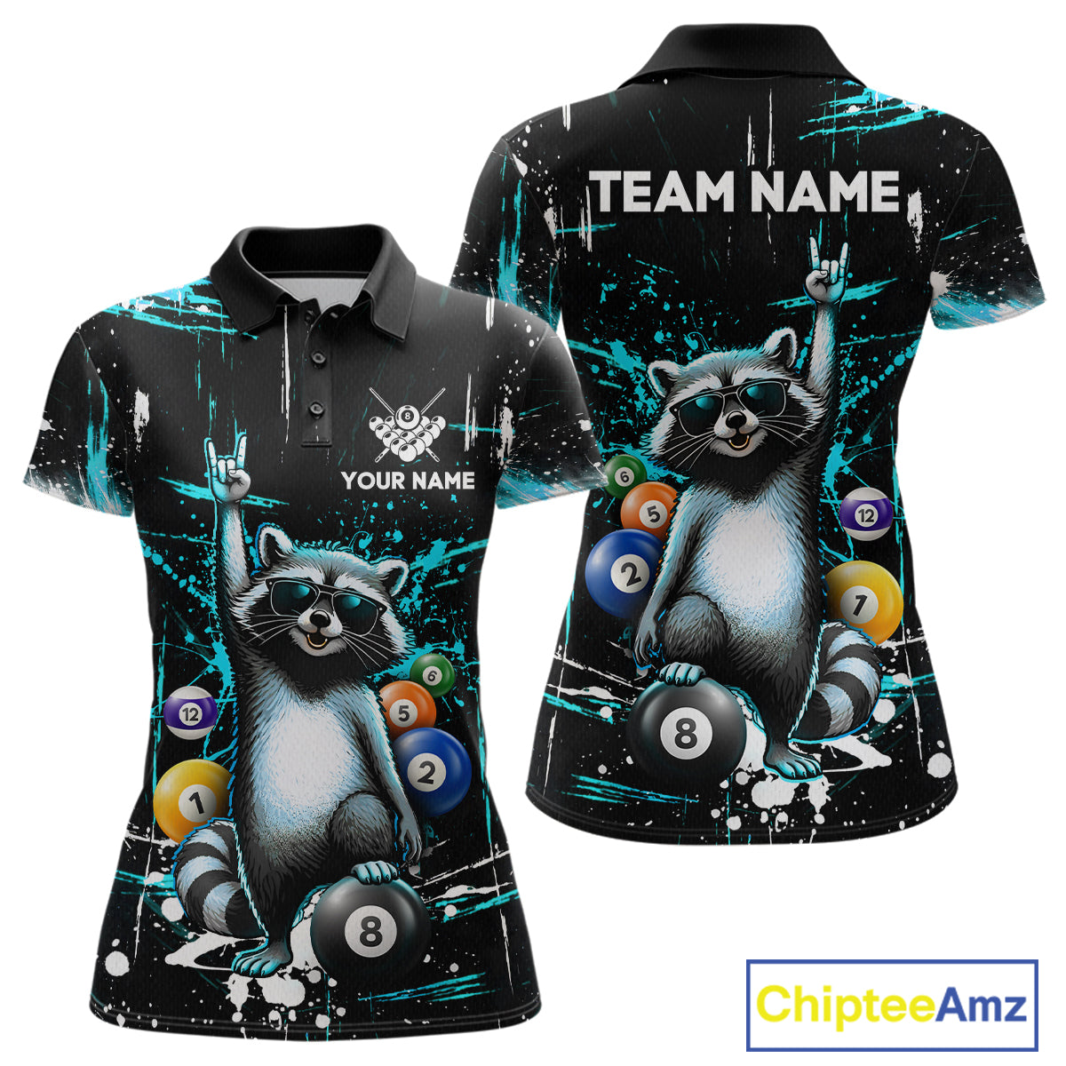 Custom Turquoise Funny Raccoon Billiard Shirt for Women 8 Ball Pool Billiard Jersey Polo & 1/4-Zip BHT5