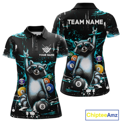 Custom Turquoise Funny Raccoon Billiard Shirt for Women 8 Ball Pool Billiard Jersey Polo & 1/4-Zip BHT5