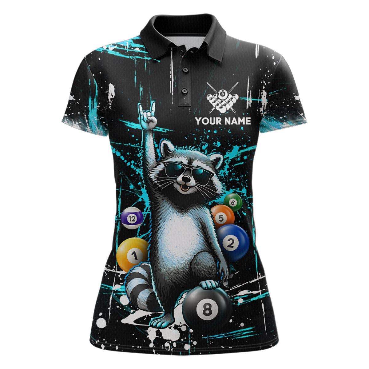 Custom Turquoise Funny Raccoon Billiard Shirt for Women 8 Ball Pool Billiard Jersey Polo & 1/4-Zip BHT5