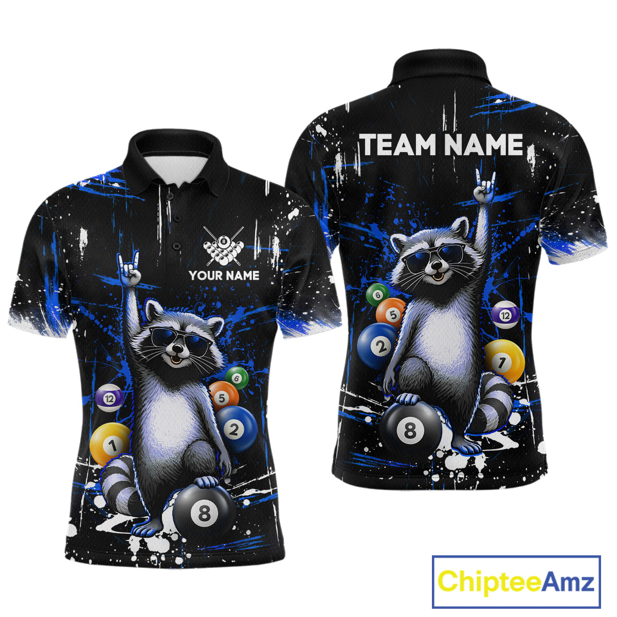 Custom Blue Funny Raccoon Billiard Shirt for Men 8 Ball Pool Billiard Jersey Polo & 1/4-Zip BHT5
