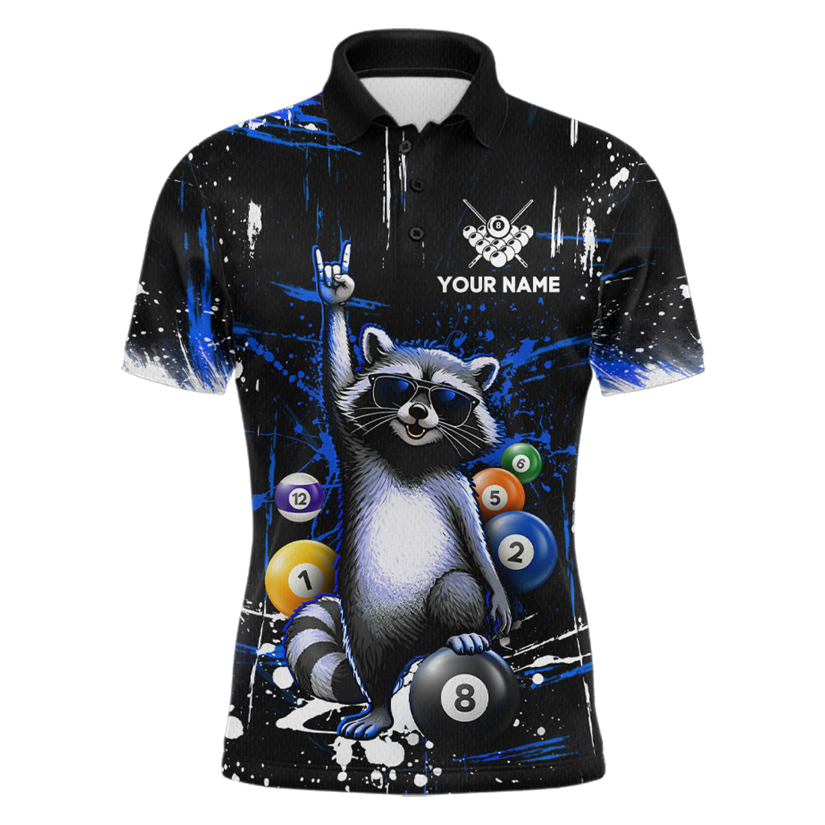 Custom Blue Funny Raccoon Billiard Shirt for Men 8 Ball Pool Billiard Jersey Polo & 1/4-Zip BHT5