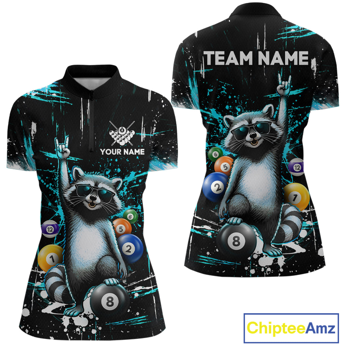 Custom Turquoise Funny Raccoon Billiard Shirt for Women 8 Ball Pool Billiard Jersey Polo & 1/4-Zip BHT5