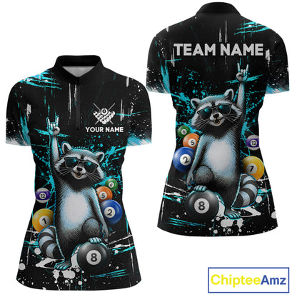 Custom Turquoise Funny Raccoon Billiard Shirt for Women 8 Ball Pool Billiard Jersey Polo & 1/4-Zip BHT5