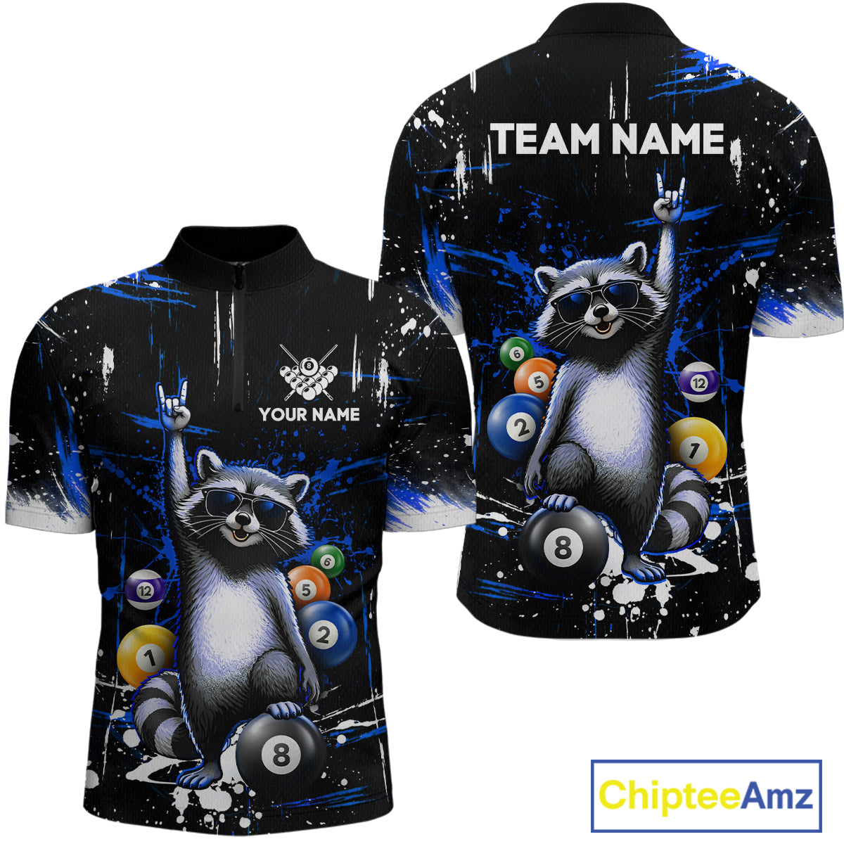 Custom Blue Funny Raccoon Billiard Shirt for Men 8 Ball Pool Billiard Jersey Polo & 1/4-Zip BHT5