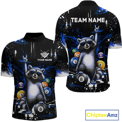 Custom Blue Funny Raccoon Billiard Shirt for Men 8 Ball Pool Billiard Jersey Polo & 1/4-Zip BHT5
