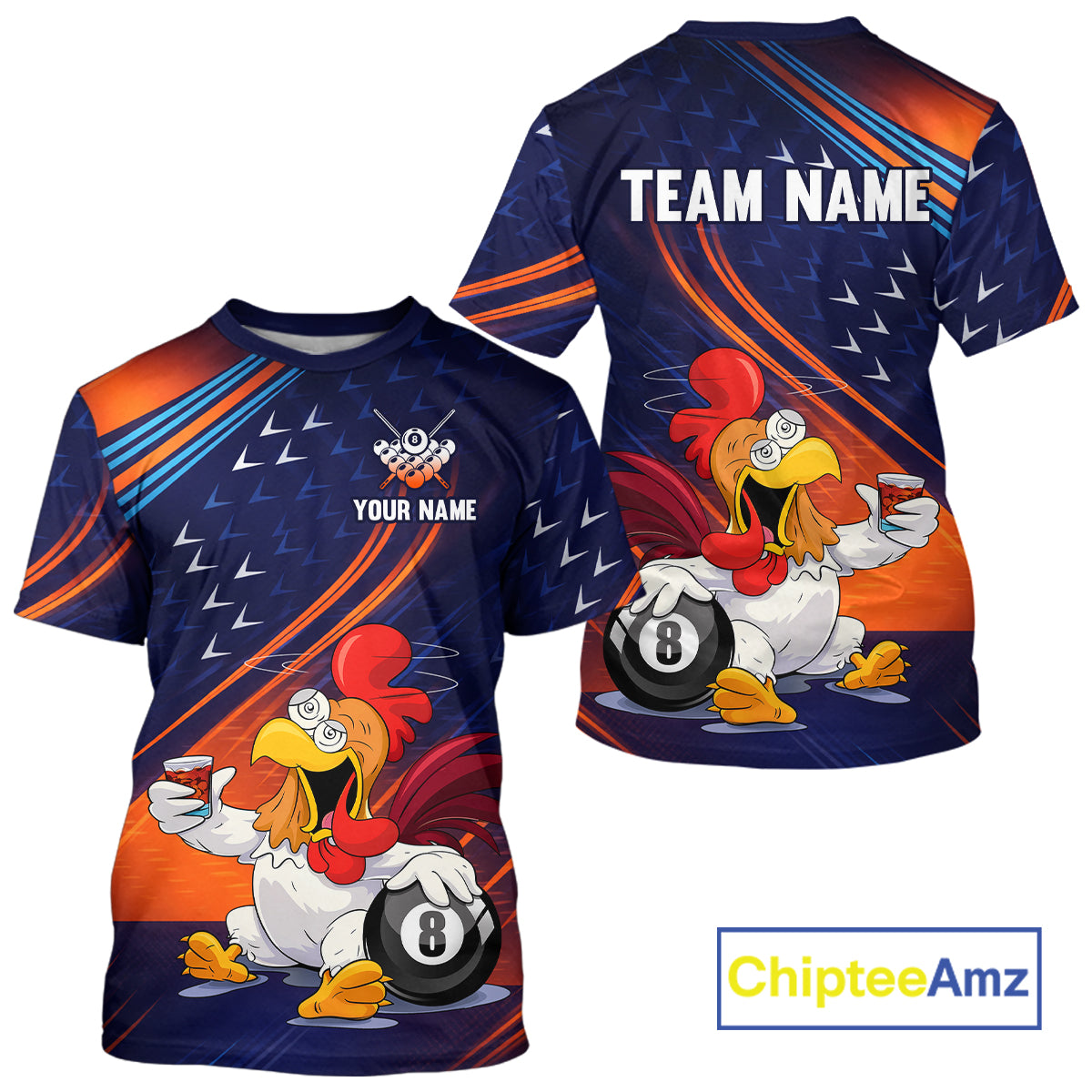 Colorful t-shirt with rooster design and customizable text, featuring the brand 'ChipteeAmz'.