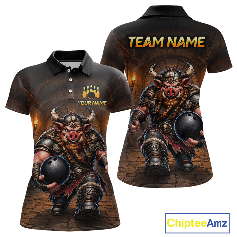 Custom Viking Pig Bowling Shirt Black & Brown Funny Bowling Jersey for Women Polo & Quarter-Zip QZT1226
