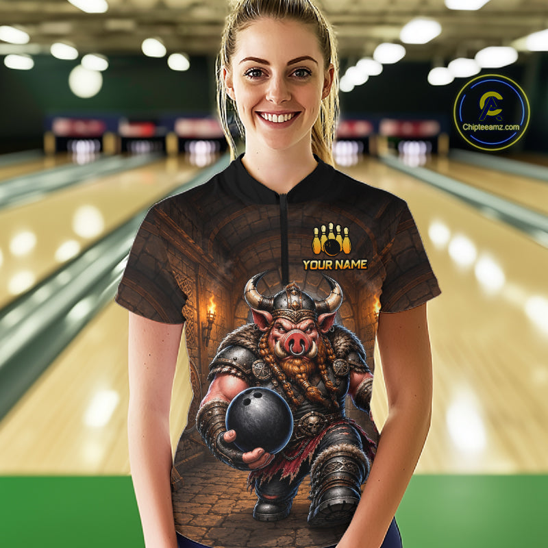 Custom Viking Pig Bowling Shirt Black & Brown Funny Bowling Jersey for Women Polo & Quarter-Zip QZT1226
