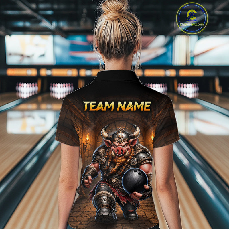 Custom Viking Pig Bowling Shirt Black & Brown Funny Bowling Jersey for Women Polo & Quarter-Zip QZT1226