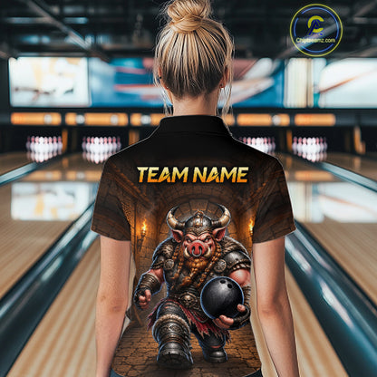 Custom Viking Pig Bowling Shirt Black & Brown Funny Bowling Jersey for Women Polo & Quarter-Zip QZT1226