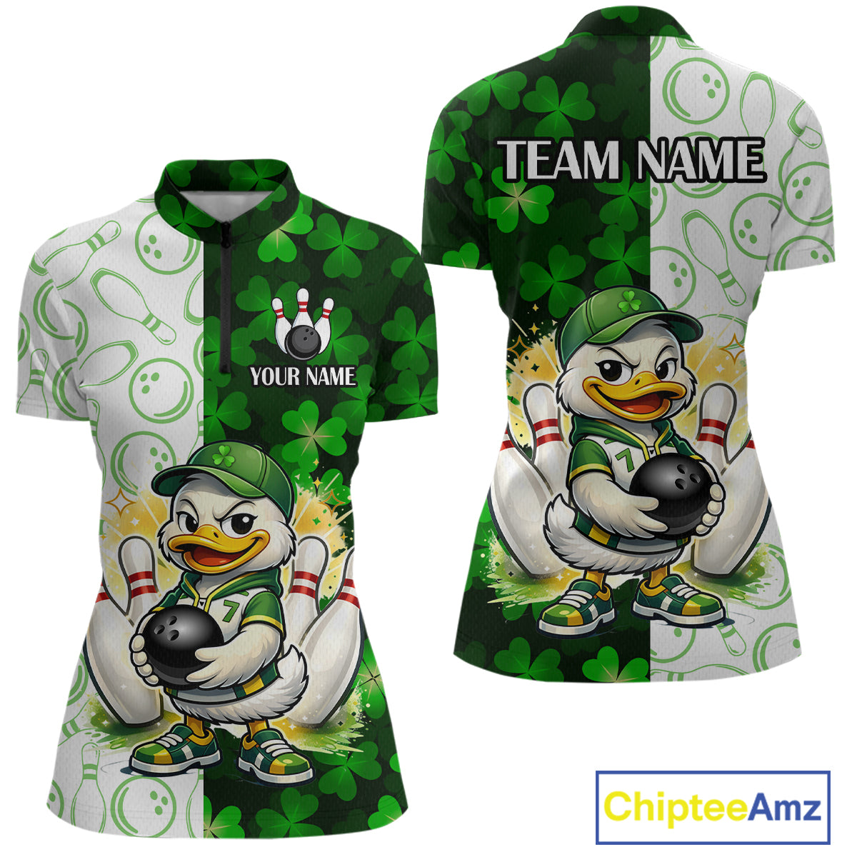 Custom Green Funny Duck Bowling Shirt for Women Lucky Clover St Patrick Day Bowling League QZT861