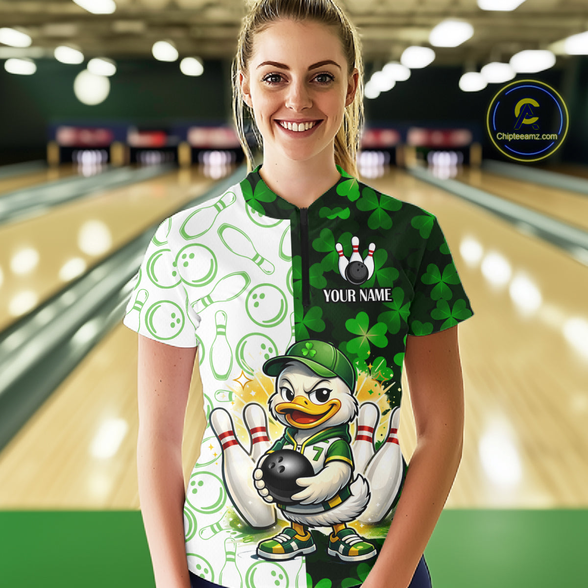 Custom Green Funny Duck Bowling Shirt for Women Lucky Clover St Patrick Day Bowling League QZT861
