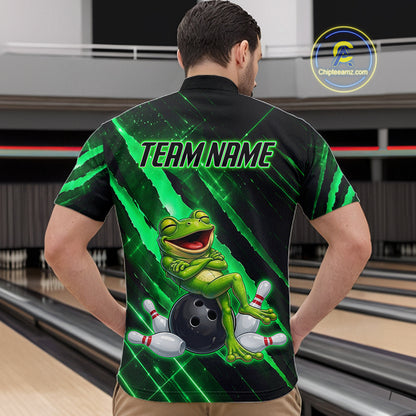 Custom Green Funny Frog Bowling Shirt for Men Bowling Jersey Polo & 1/4 Zip Bowling Outfit QZT1026