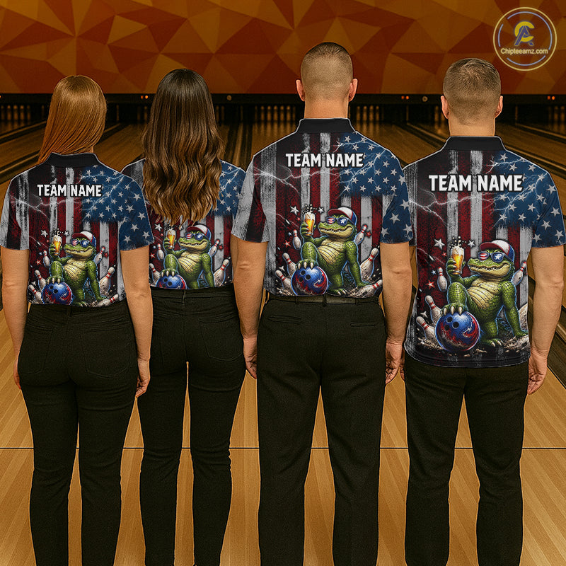 Custom American Flag Funny Beer Bowling Shirt for Men Patriotic Bowling Jersey Polo & 1/4-Zip QZT1023