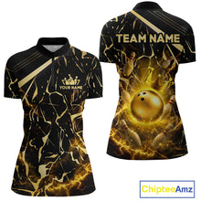 Load image into Gallery viewer, Front and back view custom black gold bowling quarter-zip shirt featuring a glowing bowling ball, lightning energy effect and black gold marble crack design, personalized with team name and player name