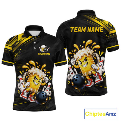 Custom Funny Beer Bowling Team Shirt for Men Black Yellow Bowling Jersey Polo & 1/4-Zip QZT1346