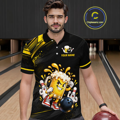 Custom Funny Beer Bowling Team Shirt for Men Black Yellow Bowling Jersey Polo & 1/4-Zip QZT1346