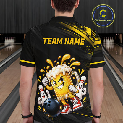 Custom Funny Beer Bowling Team Shirt for Men Black Yellow Bowling Jersey Polo & 1/4-Zip QZT1346