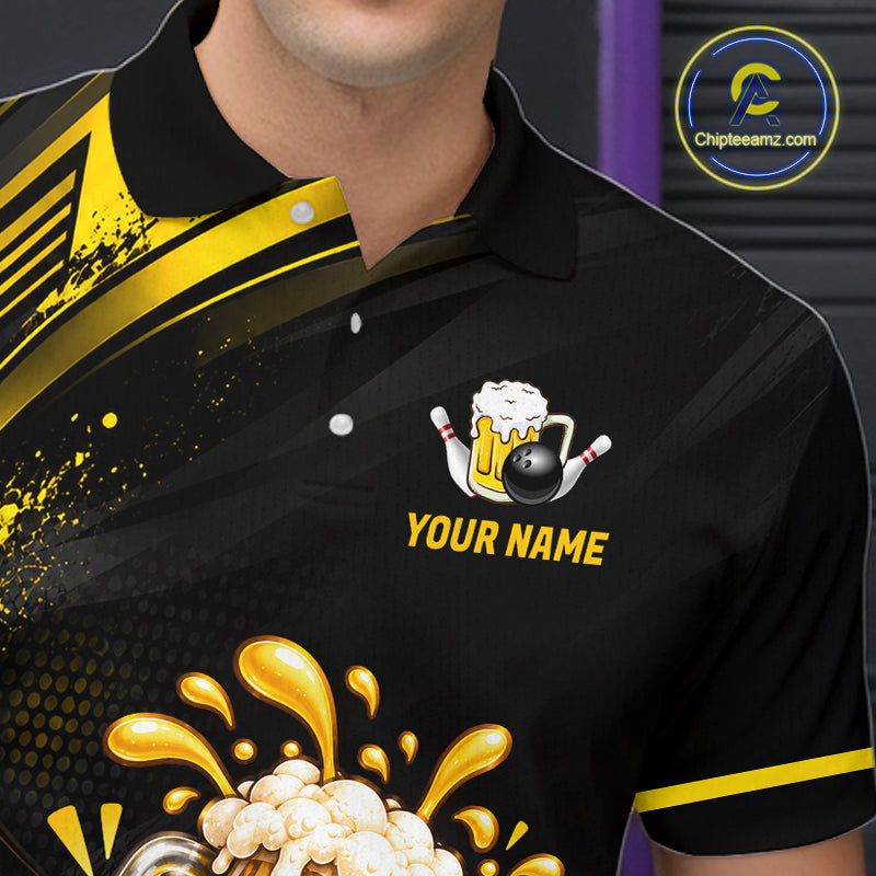 Custom Funny Beer Bowling Team Shirt for Men Black Yellow Bowling Jersey Polo & 1/4-Zip QZT1346
