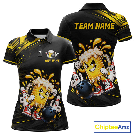 Custom Funny Beer Bowling Team Shirt for Women Black Yellow Bowling Jersey Polo & 1/4-Zip QZT1346