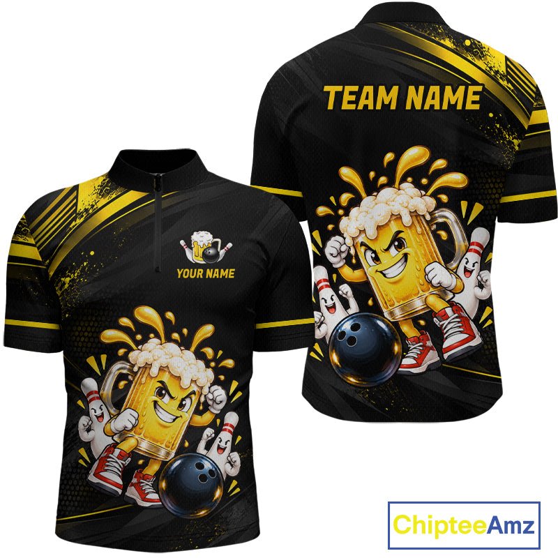 Custom Funny Beer Bowling Team Shirt for Men Black Yellow Bowling Jersey Polo & 1/4-Zip QZT1346