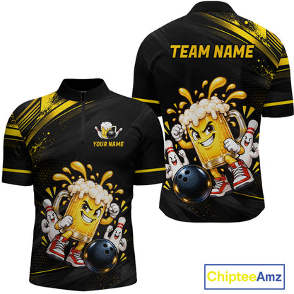 Custom Funny Beer Bowling Team Shirt for Men Black Yellow Bowling Jersey Polo & 1/4-Zip QZT1346